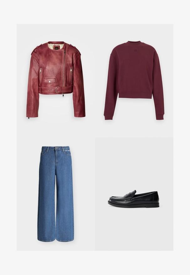 Kurze Lederjacke in tiefem Burgunderrot mit rundem Ausschnitt und tailliertem Schnitt. Verfügt über Reißverschlüsse, einen Gürtel in der Taille und eine gesteppten Futter.; Bordeauxrotes cropped Sweatshirt mit langen Ärmeln, aus weichem Stoff, mit einem hohen Kragen und einem geprägten Logo auf der Vorderseite.; Blaue, weit geschnittene Jeans mit hoher Taille, Gürtelschlaufen, vorne Knopf und Reißverschluss sowie kleinem weißen "KARL LAGERFELD"-Logo auf der rechten vorderen Tasche.; Schwarze Lederloafers mit einem gestickten Akzentdesign, runder Zehenform, flacher Gummisohle und einer glatten Oberfläche. Klassische, vielseitige Silhouette.