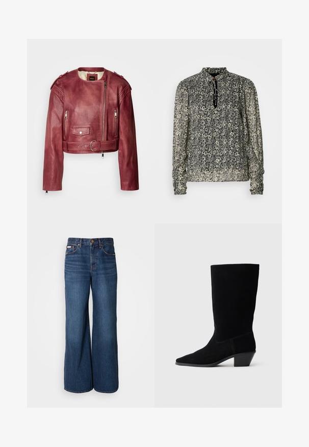 Kurze Lederjacke in tiefem Burgunderrot mit rundem Ausschnitt und tailliertem Schnitt. Verfügt über Reißverschlüsse, einen Gürtel in der Taille und eine gesteppten Futter.; Langärmlige Bluse in schwarz-elfenbeinfarbigem Blumenmuster, mit hohem Kragen und gerüschten Manschetten. Leichtes, durchscheinendes Material mit lockerer Passform.; Weite Jeans aus dunkelblauem Denim. Merkmale sind eine hohe Taille, fünf Taschen und kontrastierender orangefarbener Stitching entlang der Nähte.; Schwarze Wildleder Stiefelette mit spitzer Zehe, mittelhohem Schaft und einem chunky Absatz. Verfügt über minimale Nähte und eine glatte Textur.