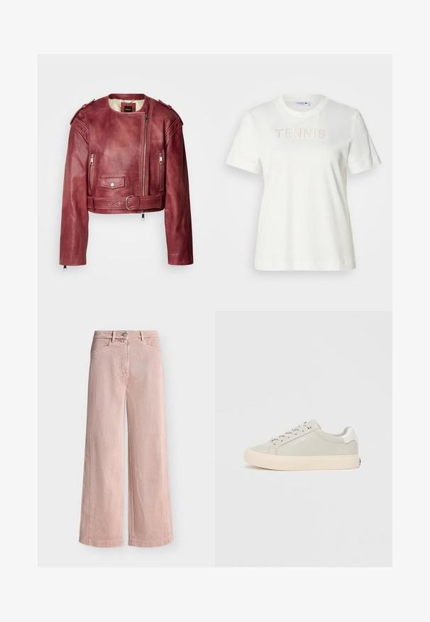 Korte leren jas in diep bordeaux met een ronde halslijn en cropped pasvorm. Heeft ritssluitingen, een ceintuur en gevoerde voering.; Witte katoenen t-shirt met korte mouwen en een ronde halslijn, met het woord "TENIS" in textuur, verhoogde letters over de voorkant.; Broek met hoge taille en wijde pijpen in lichtroze denim met voorzakken, riemlussen, een knoopsluiting en een ritssluiting.; Lichtgrijze sneaker met een zachte textuur, ronde neus en witte veters. Heeft een beige zool en subtiele branding aan de zijkant.