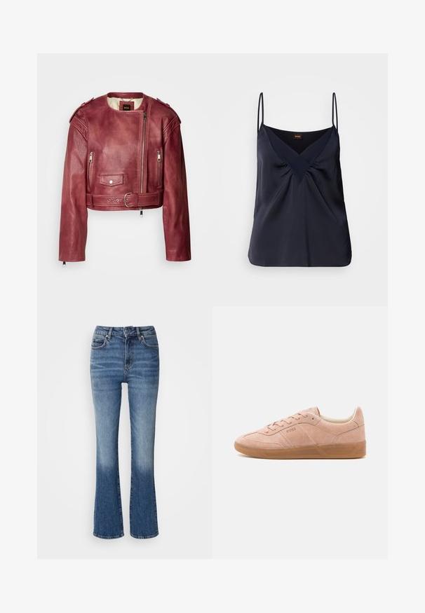 Korte leren jas in diep bordeaux met een ronde halslijn en cropped pasvorm. Heeft ritssluitingen, een ceintuur en gevoerde voering.; Marineblauwe zijden camisole met dunne bandjes, V-hals en geplooide details bij de buste; een soepele textuur en een relaxte pasvorm.; Denim flared jeans in een licht naar donkerblauwe gradient, met een hoge taille, vijf zakken en lichte vervaging op de onderbenen.; Lichtroze suède sneakers met een rubberen zool, ronde neus en vetersluiting. Heeft minimale branding aan de zijkant en op de hiel.