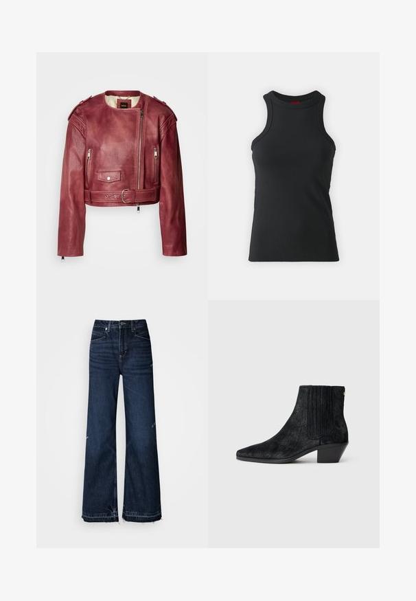 Kurze Lederjacke in tiefem Burgunderrot mit rundem Ausschnitt und tailliertem Schnitt. Verfügt über Reißverschlüsse, einen Gürtel in der Taille und eine gesteppten Futter.; Schwarzes ärmelloses Top aus dehnbarem Material. Mit Rundhalsausschnitt und taillierter Silhouette sowie minimalistischen Nähdetails.; Hoch taillierte, weit geschnittene Jeans aus dunklem Denim. Merkmale sind ausgefranste Säume und ein Fünf-Taschen-Design mit sichtbaren Nähten.; Schwarze Knöchelstiefel mit spitzem Zehen, strukturiertem haarähnlichem Material, geripptem Seitenpaneel und niedrigem Blockabsatz. Schlichtes und modernes Design.