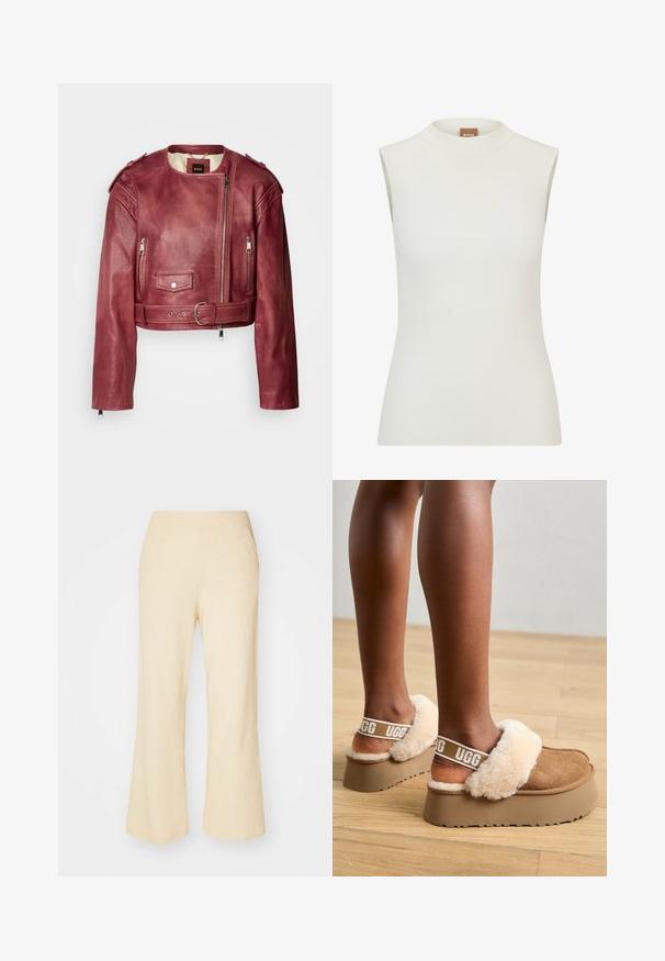 Krátka kožená bunda v hĺbkovej burgundskej farbe s okrúhlym výstrihom a skráteným strihom. Obsahuje zipsy, opasok v páse a prešívanú podšívku.; Biela, bezrukávová blúzka s vysokým výstrihom, s rebrovanou textúrou a priliehavým strihom. Značkový štítok "BOSS" viditeľný na golieri.; Svetlo béžové nohavice s širokými nohavicami z textúrovanej látky, s elastickým pásom a dvoma bočnými vreckami.; Hnedé platformové papuče s pásikom podšitým kožušinou a jemnými béžovými kožušinovými akcentmi. Obsahujú logo na pásiku a textúrovanú podrážku.