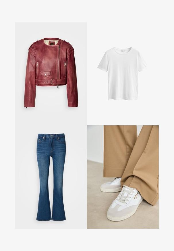 Korte leren jas in diep bordeaux met een ronde halslijn en cropped pasvorm. Heeft ritssluitingen, een ceintuur en gevoerde voering.; Effen witte korte mouw katoenen T-shirt met ronde hals en GANT-merklabel binnenin de kraag, afgebeeld op een witte achtergrond.; Blauwe flared jeans met een vervaagde kleur, voorzien van een knoop- en ritssluiting, voorzakken en een iets wijder uiteinde aan de onderkant.; Witte sneakers met suède accenten, gestructureerde veters en een rubberen zool. Gecombineerd met losse beige broek. Logo zichtbaar aan de zijkant.