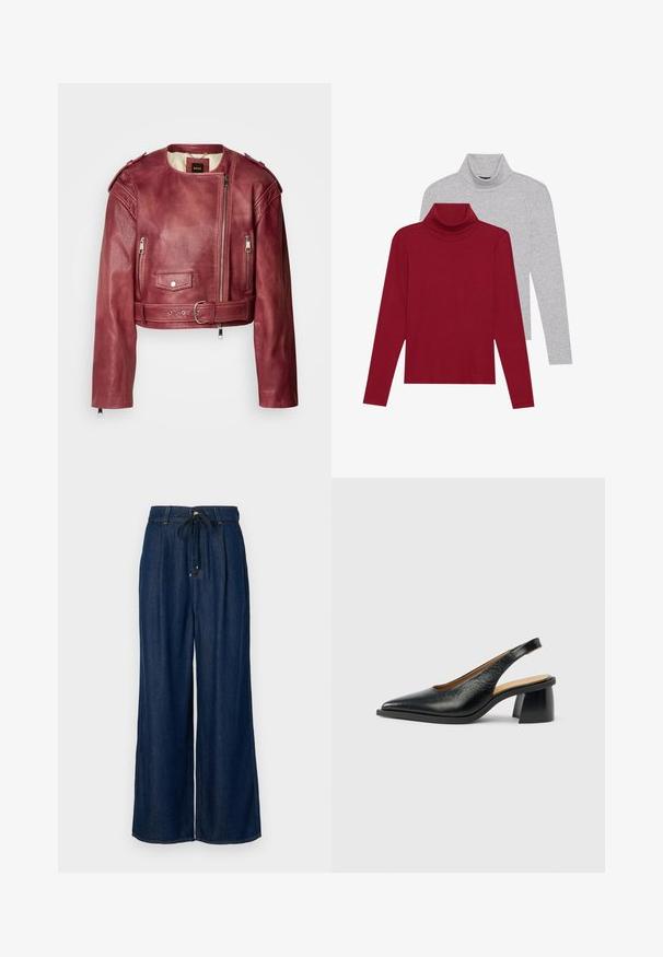 Kurze Lederjacke in tiefem Burgunderrot mit rundem Ausschnitt und tailliertem Schnitt. Verfügt über Reißverschlüsse, einen Gürtel in der Taille und eine gesteppten Futter.; Set aus zwei Langarm-Pullovern mit Rollkragen: einer in Rot, der andere in Hellgrau. Beide haben eine weiche, glatte Textur und eine taillierte Passform.; Dunkelblaue, weit geschnittene Jeans mit lässiger Passform, Kordelzugbund und plissierter Optik. Hergestellt aus Denim mit glatter Textur und klassischer Naht.; Schwarzer Slingback-Schuh aus Leder mit spitzer Spitze und einem klobigen, geometrischen Absatz. Die Oberfläche wirkt glatt und poliert.