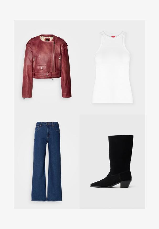 Korte leren jas in diep bordeaux met een ronde halslijn en cropped pasvorm. Heeft ritssluitingen, een ceintuur en gevoerde voering.; Wit mouwloos geribd tanktopje met hoge ronde hals en aansluitende pasvorm, weergegeven op een effen lichte achtergrond.; Donkerblauwe denim wijduitlopende jeans met een hoge taille, vijf zakken en oranje stiksel. Voorzien van een rits en riemlussen.; Zwarte suede enkellaars met een spitse neus, een schacht van gemiddelde hoogte en een chunky hak. Heeft minimaal stikwerk en een gladde textuur.