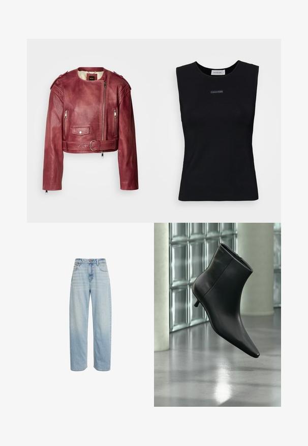 Chaqueta de cuero corta en burdeos profundo con cuello redondo y corte ajustado. Cuenta con cremalleras, una cintura con cinturón y forro acolchado.; Top negro sin mangas de tejido suave. Presenta un cuello redondo y un pequeño logo de Calvin Klein en el centro. Diseño simple y ajustado.; Vaqueros azul claro de talle alto y pierna recta, con cinco bolsillos y cierre de botón, mostrados sobre un fondo blanco.; Botín negro de cuero con punta puntiaguda y tacón bajo estilo kitten, mostrado en ángulo sobre un suelo pulido y con una pared de bloques de vidrio de fondo.