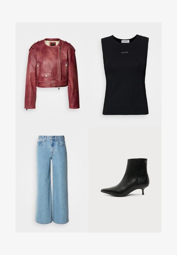Korte leren jas in diep bordeaux met een ronde halslijn en cropped pasvorm. Heeft ritssluitingen, een ceintuur en gevoerde voering.; Zwart mouwloos topje gemaakt van gladde stof. Heeft een ronde halslijn en een klein Calvin Klein-logo in het midden. Eenvoudig en aansluitend ontwerp.; Lichtblauwe wijde jeans van denim, met een hoge taille, vijf pockets en subtiele vervaging langs de stof.; Zwart leren enkellaars met puntige neus en lage kittenhak op lichte achtergrond, zijaanzicht buitenkant.
