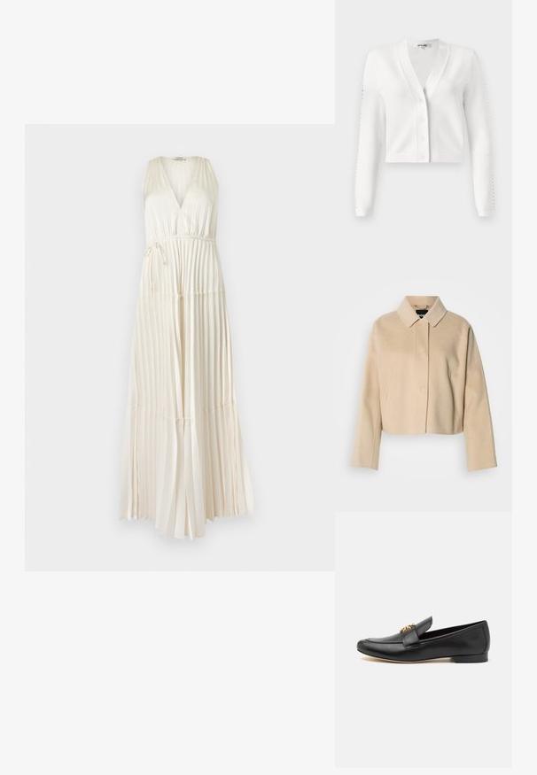 Manteau court beige avec une texture en laine lisse, col pointu et manches longues. Présente une patte de boutonnage à l'avant sans attaches visibles.; Cardigan court blanc avec un col en V, un bouton sur le devant et des manches à côtes avec des détails en trou. Tissu doux avec une texture lisse.; Robe maxi ivoire sans manches avec col en V, jupe plissée et détail ceinture ajustable à nouer sur le côté.; Mocassins en cuir noir avec un bout rond, un talon plat et des accents en métal doré sur la sangle. Texture lisse avec des détails de conception minimaux.