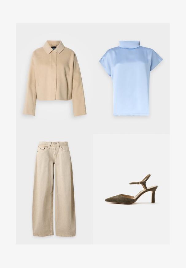 Beige kort frakke med en glat uldtekstur, spids krave og lange ærmer. Har frontstykke uden synlige lukninger.; Lyseblå satinbluse med korte ærmer, høj tragtformet hals og løs pasform.; Beige jeans med vide ben, fem lommer og synlige sømme ved knæene, vist fladt mod en ensfarvet lysegrå baggrund.; Olivengrøn ruskindspumpe med spids tå, mellemhøj hæl og justerbar ankrem med lille gul spænde på hvid baggrund.