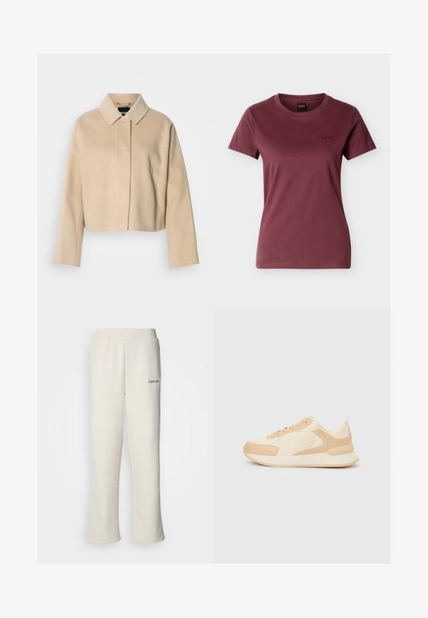 Beige kort frakke med en glat uldtekstur, spids krave og lange ærmer. Har frontstykke uden synlige lukninger.; Kortærmet, bordeaux T-shirt til kvinder med rund hals og lille broderet "BOSS"-logo på venstre bryst.; Calvin Klein cremefarvet sweatpants med løs pasform, elastisk talje og lille grøn logo på venstre side. Blød, glat tekstur.; Beige sneaker med lyse detaljer, rundet tå, tekstureret overdel, flade snørebånd og en polstret sål. Har en logo på siden.
