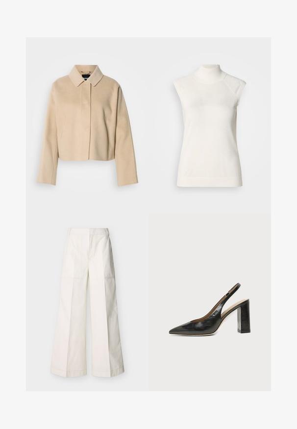Beige cropped jas met een zachte wollen textuur, een puntige kraag en lange mouwen. Voorzien van een voorpasje zonder zichtbare sluitingen.; Mouwloze witte coltrui gemaakt van zacht materiaal; heeft een aansluitend ontwerp met een hoge hals en een subtiele geribbelde textuur aan de zoom.; Wijdvallende broek van witte katoen, met steekzakken aan de voorkant en gedetailleerde stiksels. Gladde textuur met een strak, minimalistisch ontwerp.; Zwarte leren slingback schoen met spits toelopend neusje, hoge blokhak en beige binnenvoering tegen een effen lichte achtergrond.