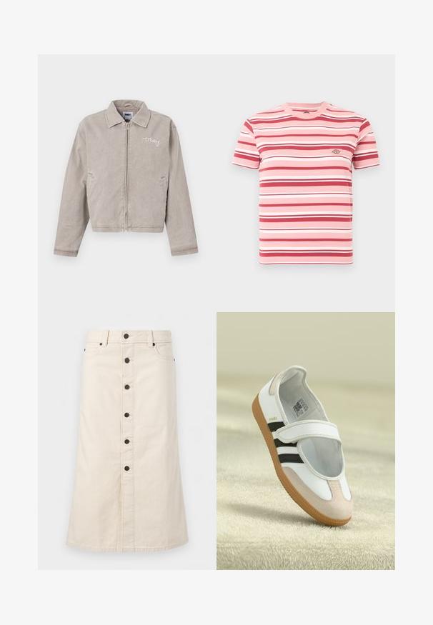 Veste grise courte en velours côtelé avec un col, une fermeture éclair à l'avant et un logo brodé sur la poitrine. Elle possède des poches latérales et une texture unie.; T-shirt rose à manches courtes avec des rayures horizontales rouges, blanches et rose clair, et un petit écusson logo sur la poitrine gauche.; Jupe en jean beige longueur genou avec boutons noirs à l'avant, passants pour ceinture et poches latérales sur un fond blanc uni.; Chaussure blanche avec un embout en daim rose, des rayures noires et une sangle Velcro. Dispose d'une semelle en caoutchouc brun et d'un logo sur le côté.