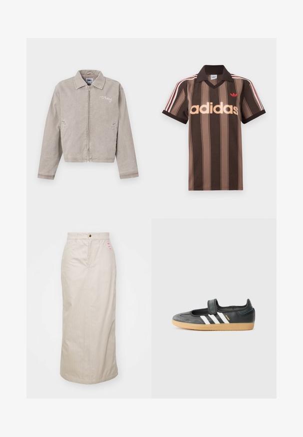 Sivá skrátená bunda z kordu s golierom, predným zipsom a vyšitým logom na hrudi. Má bočné vrecká a hladkú textúru.; Hnedé prúžkované polo tričko Adidas s výstrihom do V, bordovým golierom a červeným logom. Má bielo-červené pruhy na ramenách a krátke rukávy.; Béžová sukňa s pruhmi a vysokým pásom, skrytý zips a kovové zapínanie na gombík. Obsahuje malú značkovú etiketu na prednej strane.; Čierne kožené a zamšové tenisky s Velcro pásikom, s tromi bielymi pruhmi a gumenou podrážkou, označené nápisom "SAMBA" na boku.