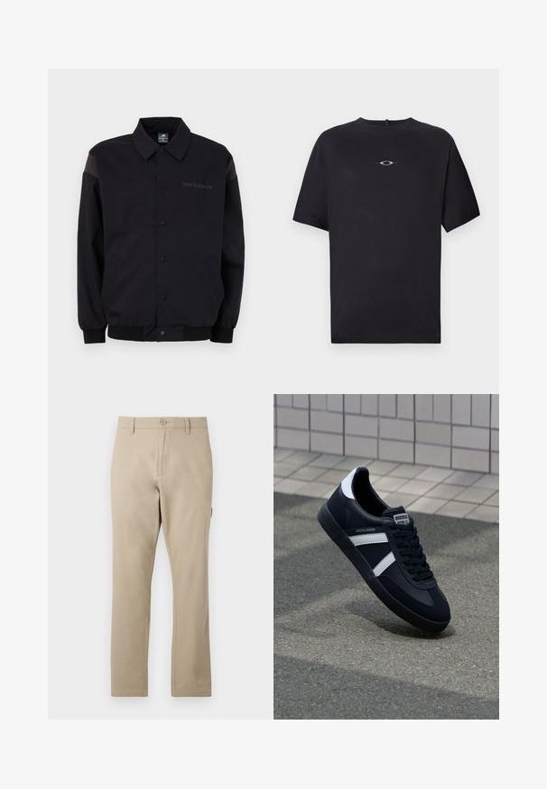 Sort jakke med knaplukning foran, ribbestrikkede manchetter og krave. Har modsatrettede skulderpaneler og et logo på brystet. Glat tekstur.; Oakley STACKED TEE - T-shirts print - blackout; Beige bomuldsbukser i lige pasform med frontknaplukning og diskrete syninger. Glat tekstur, uden mønstre.; Sort lædersneaker med hvide striber, tekstureret gummisål og snørrebånd foran. Har et brandet mærke på tungen.