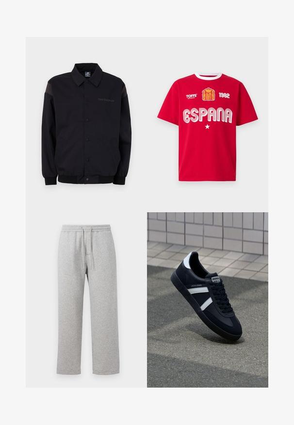 Sort jakke med knaplukning foran, ribbestrikkede manchetter og krave. Har modsatrettede skulderpaneler og et logo på brystet. Glat tekstur.; Rød T-shirt med korte ærmer og hvid krave, med Spaniens våbenskjold, "ESPANA", "1982", en stjerne og teksten "TOFFS Made in Great Britain".; Grå bomulds sweatpants med elastisk talje og snoretræk. Lige ben med syede kanter og ingen lommer.; Sort lædersneaker med hvide striber, tekstureret gummisål og snørrebånd foran. Har et brandet mærke på tungen.