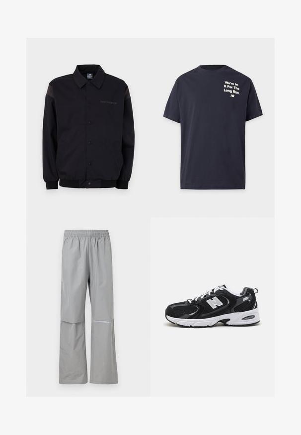 Sort jakke med knaplukning foran, ribbestrikkede manchetter og krave. Har modsatrettede skulderpaneler og et logo på brystet. Glat tekstur.; Sort T-shirt med korte ærmer med hvid tekst på øverste venstre side med teksten "We're In It For The Long Run" og en lille New Balance-logo nedenunder.; Lysegrå vandtætte regnbukser med elastisk talje og refleksstribe på højre ben, designet til udendørs brug.; Sorte og grå sportssko med mesh og ruskind på overdelen, der har en hvid mellemsål, snørebånd og et iøjnefaldende "N" logo på siden.
