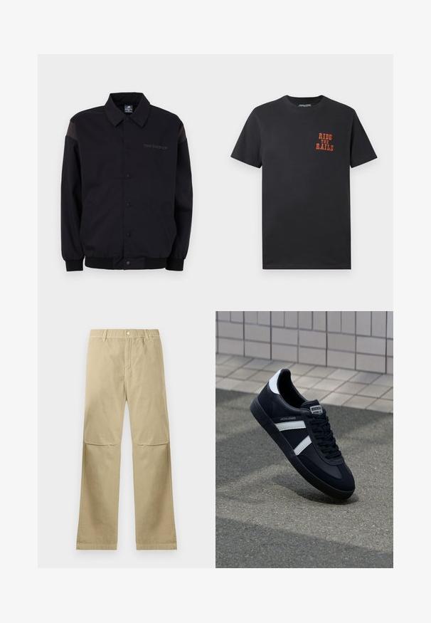 Zwarte jas met een knoopsluiting aan de voorkant, ribbelmanchetten en kraag. Heeft contrasterende schouderpanelen en een logo op de borst. Soepele textuur.; Zwart katoenen T-shirt met een ronde hals en korte mouwen, met oranje tekst "RIDE THE RAILS" op de borst gedrukt.; Beige rechte broek met drukknoopsluiting, riemlussen en kniestiknaden, plat gelegd op een witte achtergrond.; Zwarte leren sneaker met witte strepen, een gestructureerde rubberen zool en vetersluiting aan de voorkant. Voorzien van een merklabel op de tong.
