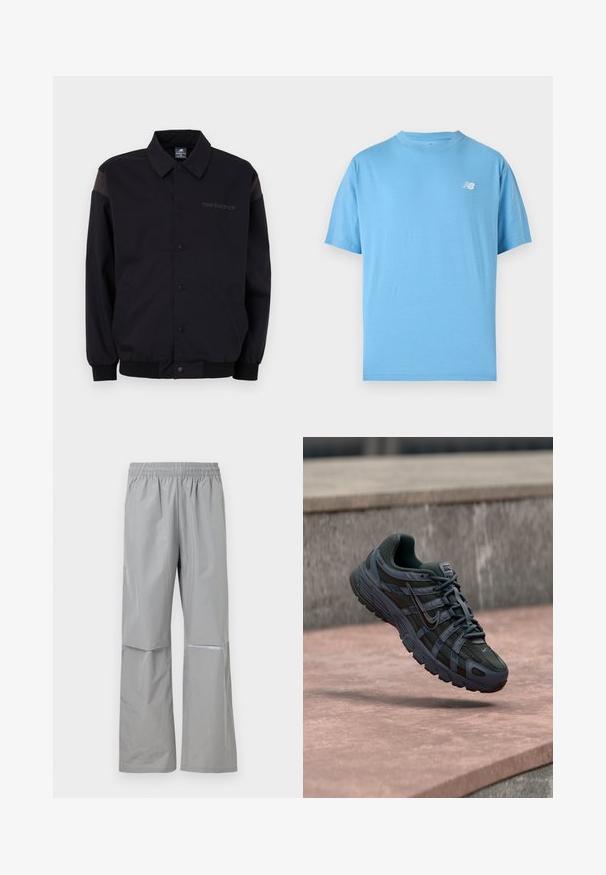 Zwarte jas met een knoopsluiting aan de voorkant, ribbelmanchetten en kraag. Heeft contrasterende schouderpanelen en een logo op de borst. Soepele textuur.; Lichtblauw T-shirt met korte mouwen en ronde hals met een klein wit New Balance-logo op de linkerborst.; Lichtgrijze waterdichte regenbroek met elastische tailleband en reflecterende strip aan de rechterpijp, ontworpen voor buitengebruik.; Donkergrijze Nike hardloopschoen met mesh en synthetisch ontwerp, zwevend boven een roze betonoppervlak met een grijze stenen achtergrond.