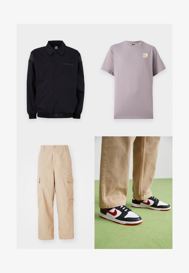 Chaqueta negra con cierre de botones en el frente, puños y cuello acanalados. Presenta paneles en los hombros de contraste y un logo en el pecho. Textura suave.; Camiseta de manga corta de color púrpura claro con el logo de The North Face y el número 2966 en amarillo en el pecho izquierdo.; Pantalones cargo beige con un corte relajado, hechos de una tela ligera, que cuentan con dos bolsillos laterales de carga y un cierre de botón en la cintura.; Las zapatillas Nike Dunk presentan un diseño de cuero negro con acentos rojos y un swoosh blanco. La suela es roja, con una puntera blanca texturizada.