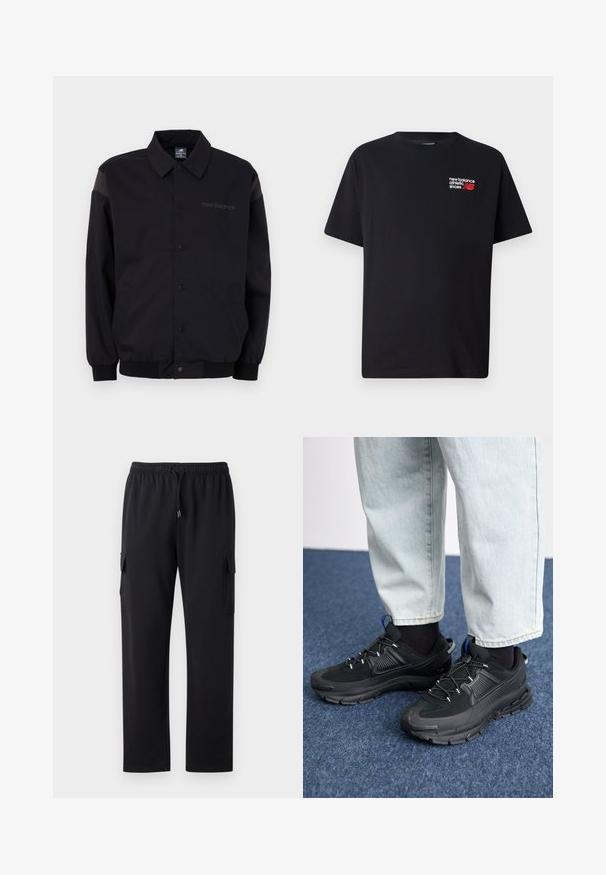 Sort jakke med knaplukning foran, ribbestrikkede manchetter og krave. Har modsatrettede skulderpaneler og et logo på brystet. Glat tekstur.; Sort bomulds T-shirt med rund halsudskæring. Har et lille rødt og hvidt "New Balance" logo og tekst på den øverste venstre brystområde.; Sorte cargo bukser med en afslappet pasform, elastisk talje og snøre. Har to sidelommer til opbevaring. Blødt stof.; Sorte træningssko med tekstureret stof og gummisåler, udstyret med elastiske snørebånd og en blå detalje på hælen. Bæres med lyse denimbukser.