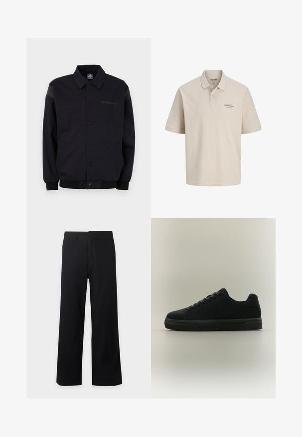 Sort jakke med knaplukning foran, ribbestrikkede manchetter og krave. Har modsatrettede skulderpaneler og et logo på brystet. Glat tekstur.; Beige kortærmet polo med to-knap lukning og lille "Jack & Jones" logo på venstre bryst.; Sorte vidde bukser med knapper foran og bæltestropper, vist fladt mod en lys baggrund.; Sort lavtopet sneaker med snørebånd, gummisål og glat finish, vist i sideprofil på en neutral baggrund.