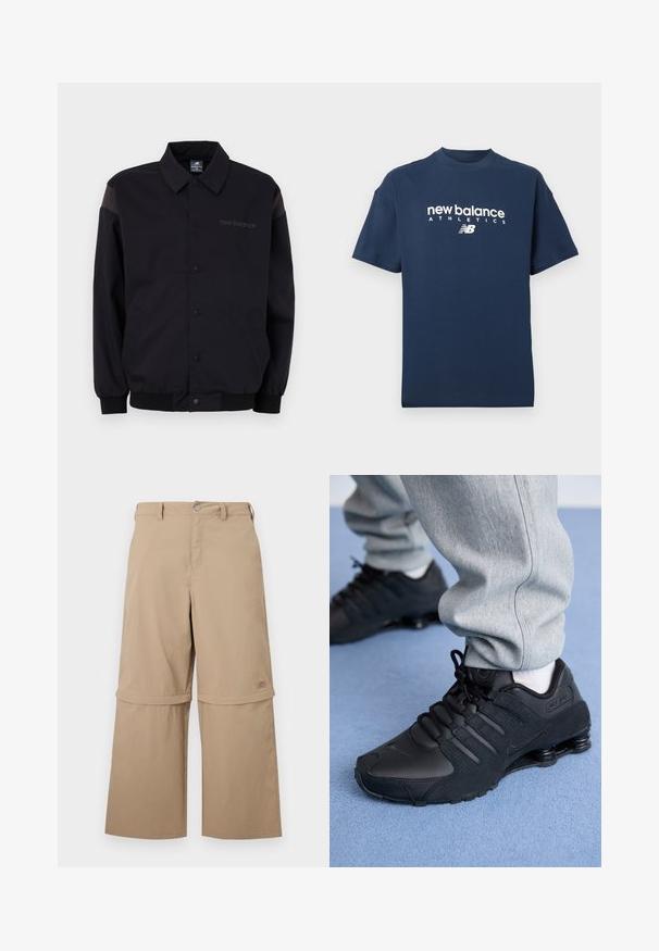 Zwarte jas met een knoopsluiting aan de voorkant, ribbelmanchetten en kraag. Heeft contrasterende schouderpanelen en een logo op de borst. Soepele textuur.; Navyblauw T-shirt met korte mouwen, met witte tekst "new balance ATHLETICS" en het "NB"-logo gecentreerd op de voorkant.; Beige cargo-broek met afritsbare pijpen, riemlussen, zijzakken en knoopsluiting, afgebeeld op een witte achtergrond.; Persoon in zwarte Nike Shox sneakers en een grijze joggingbroek staand op een lichtblauw tapijt.