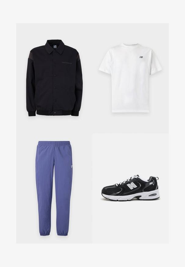 Zwarte jas met een knoopsluiting aan de voorkant, ribbelmanchetten en kraag. Heeft contrasterende schouderpanelen en een logo op de borst. Soepele textuur.; Witte T-shirt met korte mouwen en ronde hals met een klein zwart New Balance-logo op de linker bovenkant van de borst op een effen lichte achtergrond.; Paarse windbreaker broek met een elastische tailleband, taps toelopende pijpen, elastische manchetten en een zijzak met een klein logo detail.; Zwarte en grijze sport schoenen met een bovenwerk van mesh en suede, voorzien van een witte tussenzool, veters en een gedurfde "N"-logo aan de zijkant.