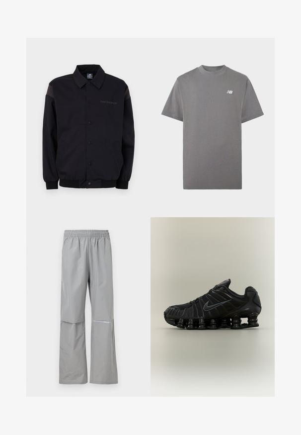 Chaqueta negra con cierre de botones en el frente, puños y cuello acanalados. Presenta paneles en los hombros de contraste y un logo en el pecho. Textura suave.; Camiseta gris de manga corta con cuello redondo y un pequeño logo blanco de New Balance en el pecho izquierdo sobre un fondo liso.; Pantalones impermeables de lluvia de color gris claro con cintura elástica y banda reflectante en la pierna derecha, diseñados para uso al aire libre.; Zapatilla de correr negra Nike con suela segmentada similar a un muelle, parte superior de malla y logotipo swoosh negro a juego en el lateral.