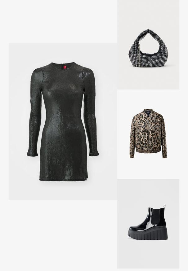 Veste zippée léopard beige et noir avec des poignets et une taille élastiques, col montant et fermeture avant à glissière métallique.; Robe noire ornée de sequins, à manches longues, avec un col rond, ajustée au corps et dotée d'une fermeture éclair à l'arrière. Elle présente une texture lisse et une finition brillante.; Bottine en cuir verni noir avec des panneaux latéraux élastiques, semelle plateforme épaisse et une languette de tirage à l'arrière. Texture lisse et design élégant.; Sac à main en maille noire orné de clous en argent, avec une poignée incurvée et une bandoulière en chaîne. Texture douce avec une forme arrondie.
