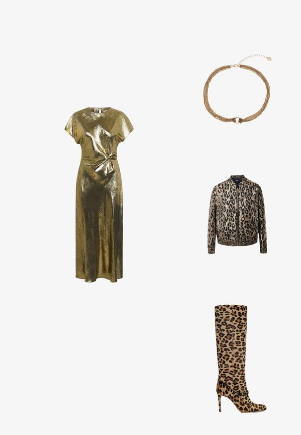 Beige og sort leopardprintet zip-up jakke med elastiske manchetter og talje, stående krave og metal lynlås foran.; Guld metallisk midi kjole med korte ærmer, rund udskæring og en knyttet detalje i taljen for en tætsiddende silhuet.; Luisa Spagnoli USSI - Høje støvler/ Støvler - eff cav on chia nero; Gylden multi-streng kæde halskæde med teksturerede led, med en rund lås og justerbar forlængerkæde.
