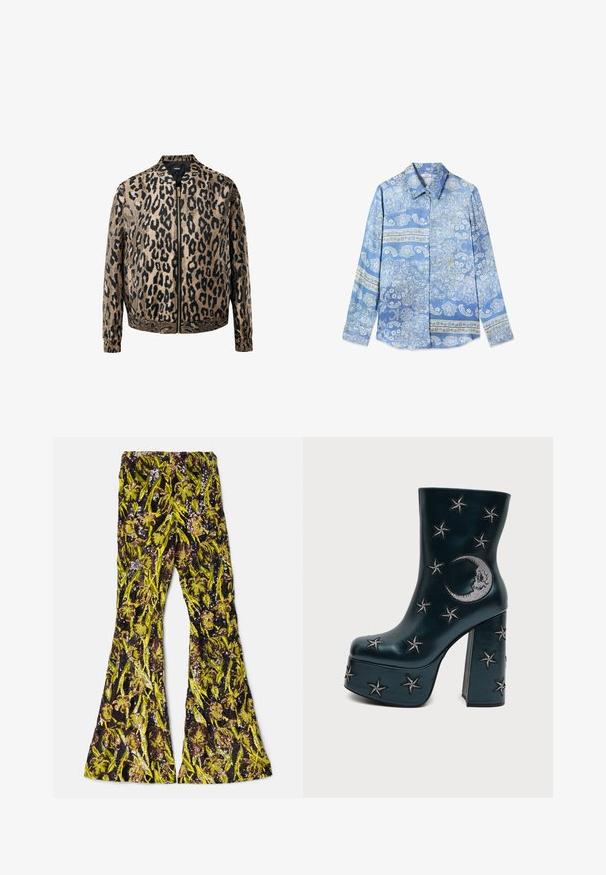 Chaqueta con estampado de leopardo en beige y negro, con cremallera frontal metálica, cuello de pie y puños y cintura elásticos.; Camisa de manga larga abotonada en azul con patrones florales blancos y motivos paisley, y rayas decorativas horizontales en el pecho y las mangas.; AKNVAS EXCLUSIVE LENNON BEADED PANT - Pantalones - ink citrine; Bota de tobillo negra con plataforma y tacón bloque, decorada con estrellas bordadas en plata y una luna creciente en el lateral.