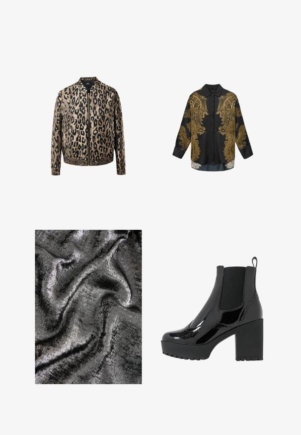Beige en zwarte luipaardprint zip-up jack met elastische manchetten en tailleband, opstaande kraag en een metalen ritssluiting aan de voorkant.; Zwarte satijnen blouse met ingewikkelde gouden paisley borduursels, een klassieke kraag, lange mouwen en een relaxte pasvorm met een split aan de zijkanten van de zoom.; Zwarte en zilveren geweven stof met een glanzende afwerking, met gladde, vloeiende golven en een subtiele glans.; Zwarte gepatenteerde leren enkellaarsjes met een chunky platform en hoge hak, voorzien van elastische zijpanelen en decoratieve stikdetails.