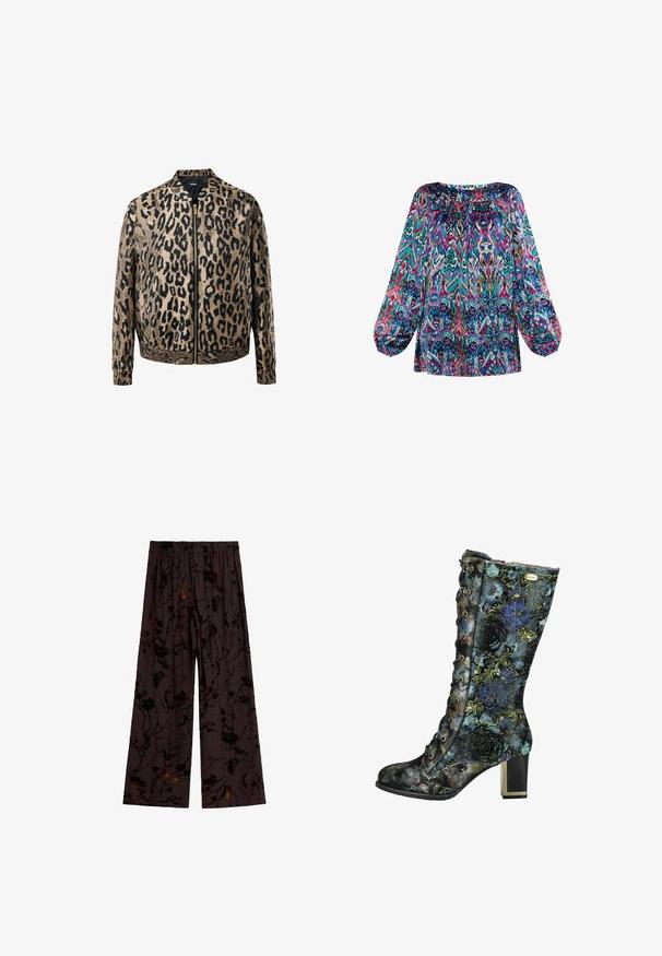 Chaqueta con estampado de leopardo en beige y negro, con cremallera frontal metálica, cuello de pie y puños y cintura elásticos.; Blusa de colores variados con un corte holgado, mangas abullonadas y escote fruncido. Presenta vibrantes azules, rosas y morados. Material ligero.; Pantalones de pierna ancha de color marrón oscuro con cintura elástica y un sutil patrón de flores y ramas en tonos negros y rojo oscuro.; Bota de encaje hasta la mitad de la pantorrilla con tacón cuadrado, base negra y patrón y textura floral azul y verde, vista lateral.