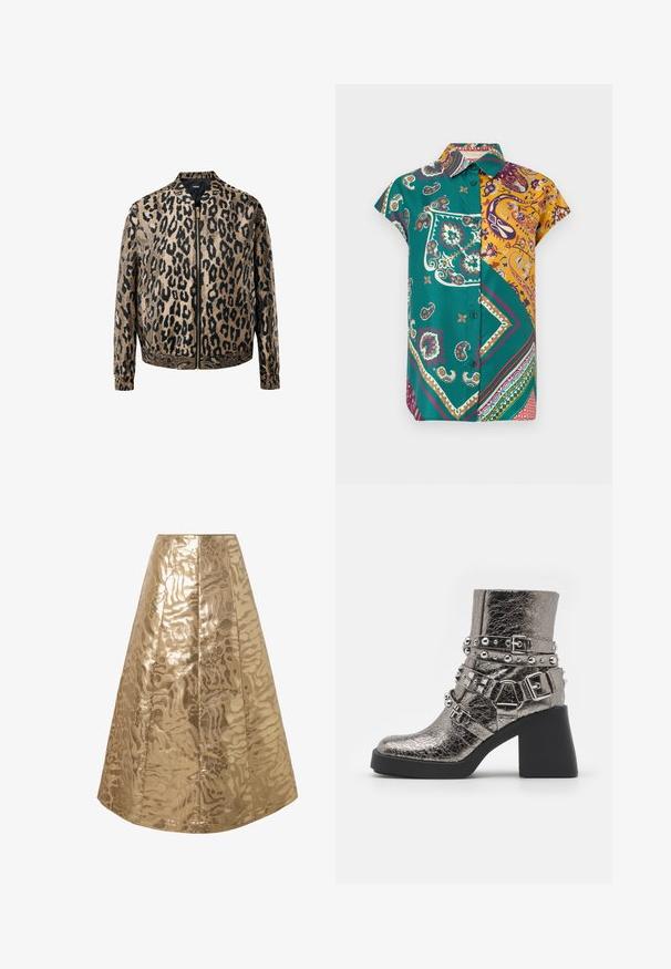 Beige og sort leopardprintet zip-up jakke med elastiske manchetter og talje, stående krave og metal lynlås foran.; Kortærmet skjorte med knapper foran i grønne og gule paisley- og geometriske lapper på en hvid baggrund.; Guldfarvet A-linje nederdel med et skinnende, tekstureret mønster, der minder om et abstrakt dyreprint, med lodrette sømme for struktur.; Metallic sølv ankelsko med flere sorte stropper, sølvnitter og en kraftig sort hæl. Struktureret overflade med en blank finish.