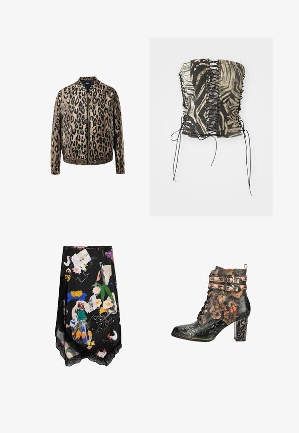 Beige og sort leopardprintet zip-up jakke med elastiske manchetter og talje, stående krave og metal lynlås foran.; Sort og beige korsett-top med zebra-mønster, der har snørelukning foran, metal øjer og lange sorte bånd i siderne.; Sort nederdel med farverigt blomster- og kunstprint, med blonder ved kanten og et asymmetrisk design.; Sort og brun blomstret læderankelstøvle med snørelukning foran, to dekorative remme med spænder og en udskåret blokhæl.