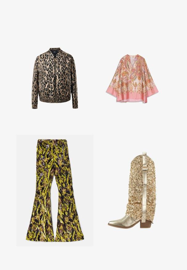 Beige og sort leopardprintet zip-up jakke med elastiske manchetter og talje, stående krave og metal lynlås foran.; Lyserød paisley-mønstret silkekjole med V-hals og vide ærmer, med detaljerede blomster- og dekorative mønstre over det hele.; AKNVAS EXCLUSIVE LENNON BEADED PANT - Bukser - ink citrine; Guld glamour cowboy støvle med en skinnende metal-skaft, tekstureret glitrende overdel, firkantet tå og en blokhæl med en dekorerende rem.
