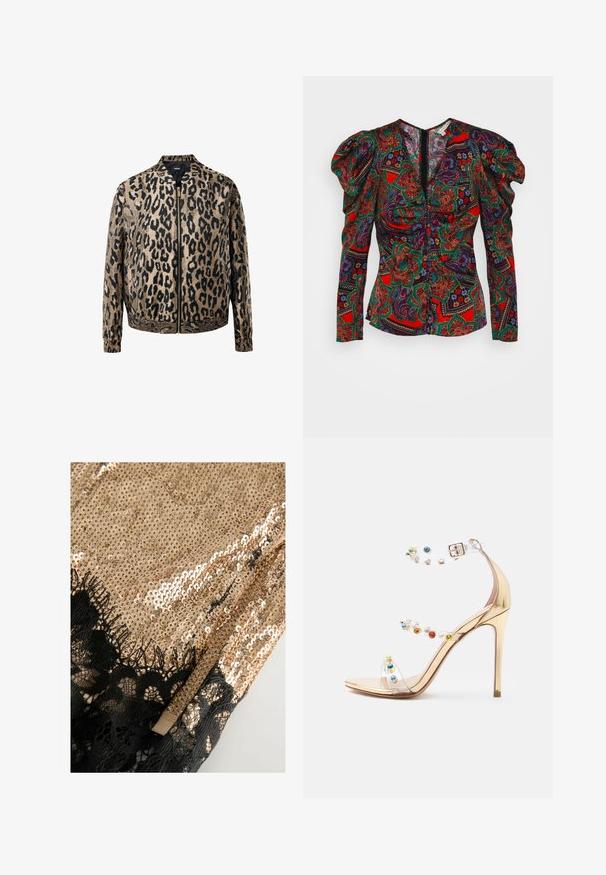 Beige og sort leopardprintet zip-up jakke med elastiske manchetter og talje, stående krave og metal lynlås foran.; Veronica Beard SIMMONS - Bluse - flame red multi; Gul pailletstof med sort blondere trim, der har en glat tekstur og en skinnende finish, foldet ved den ene kant med blonderdetaljer synlige.; Guld højhælet sandal med tre klare remme prydet med flerfarvede ædelsten og lukning med ankelspænde.