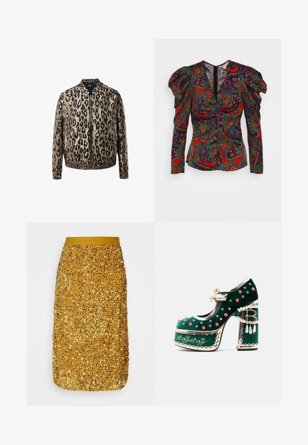 Chaqueta con estampado de leopardo en beige y negro, con cremallera frontal metálica, cuello de pie y puños y cintura elásticos.; Veronica Beard SIMMONS - Blusa - flame red multi; VILA VISASSA MIDI SEQUINS SKIRT - Falda de tubo - gold; Zapato de plataforma de terciopelo verde con tachuelas decorativas rojas y plateadas, tiras de perlas, ribete dorado, bordado y un tacón de bloque con perlas colgantes y un colgante "B".
