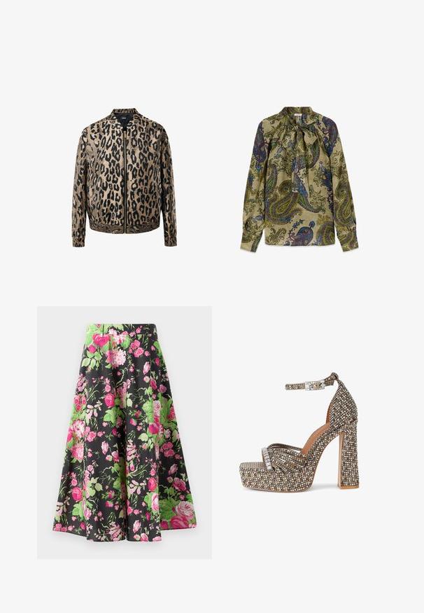 Beige en zwarte luipaardprint zip-up jack met elastische manchetten en tailleband, opstaande kraag en een metalen ritssluiting aan de voorkant.; Blouse met lange mouwen met groene basis en veelkleurig paisleymotief, met een hoge hals die aan de voorkant met een strik is vastgebonden.; Bloemenrok met een zwarte achtergrond, met grote roze rozen en groene bladeren, gemaakt van lichte stof, uitlopende vorm, net boven de knie.; Sandaal met plateauzool en hoge hak, enkelriem met meerkleurige strass steentjes, open teen en stevige hak.