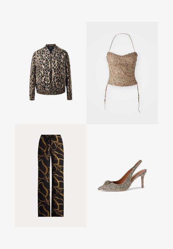 Beige en zwarte luipaardprint zip-up jack met elastische manchetten en tailleband, opstaande kraag en een metalen ritssluiting aan de voorkant.; Vlecht strapless top in goud, met een gestructureerd, paillettenoppervlak en taillebanden voor een verstelbare pasvorm. Soepele, aangesloten silhouet.; Zwarte broek met een gouden paardrijstijl ketting- en hoofdstelmotief, met een elastische tailleband en een trekkoord aan de voorkant.; Puntige slingback hoge hakken bedekt met kleine fonkelende kristallen met een gouden decoratief vogelkopje op de teen.