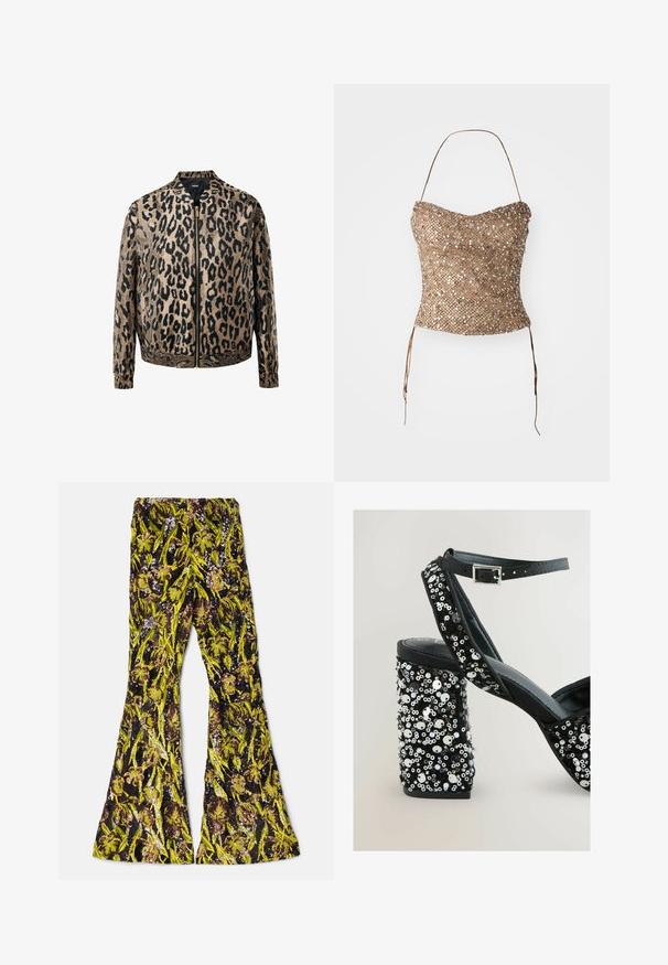 Chaqueta con estampado de leopardo en beige y negro, con cremallera frontal metálica, cuello de pie y puños y cintura elásticos.; Top sin tirantes trenzado en dorado, con una superficie texturizada y con lentejuelas, y lazos en la cintura para un ajuste ajustable. Silueta lisa y ceñida.; AKNVAS EXCLUSIVE LENNON BEADED PANT - Pantalones - ink citrine; Sandalias negras de tacón alto con un tacón grueso cubierto de lentejuelas. Cuentan con una delgada correa en el tobillo y material suave en la parte superior.