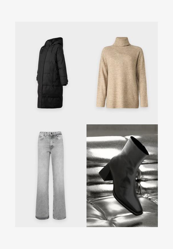 Zwarte pufferjas met een capuchon, voorzakken en een lange snit. Gemaakt van een gladde stof met een gewatteerde textuur en een verborgen rits.; Vero Moda VMJUPITER HIGHNECK - Trui - silver mink; Lichtgrijze vervaagde rechte spijkerbroek met voorzakken, riemlussen en een knoop- en ritssluiting.; Zwarte enkellaarsjes van glanzend materiaal met een vierkante neus en taps toelopende hak, afgezet tegen een glanzende zilveren gecapitonneerde achtergrond.