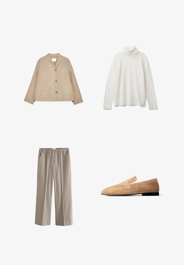 Beige wollen jas met een ontspannen pasvorm, een sjawl-kraag, vier zichtbare grote knopen en lange mouwen. Soepele textuur en minimalistisch ontwerp.; United Colors of Benetton TURTLENECK - Trui - white; Beige, wijde broek met een elastische tailleband. Gemaakt van een zachte, gestructureerde stof met een subtiel gestippeld patroon. Inclusief zijzakken.; Lichtbruine suède loafer met een lage zwarte hak en een brede band over de bovenkant, weergegeven in zijaanzicht tegen een witte achtergrond.