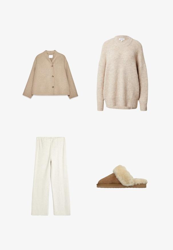 Beige wollen jas met een ontspannen pasvorm, een sjawl-kraag, vier zichtbare grote knopen en lange mouwen. Soepele textuur en minimalistisch ontwerp.; Beige gebreide trui met een ronde hals, verlaagde schouders en geribbelde manchetten en zoom. Heeft een gestructureerde, licht losse pasvorm.; Koton WIDE LEG - Trainingsbroek - beige; Manfield Muiltjes - cognac