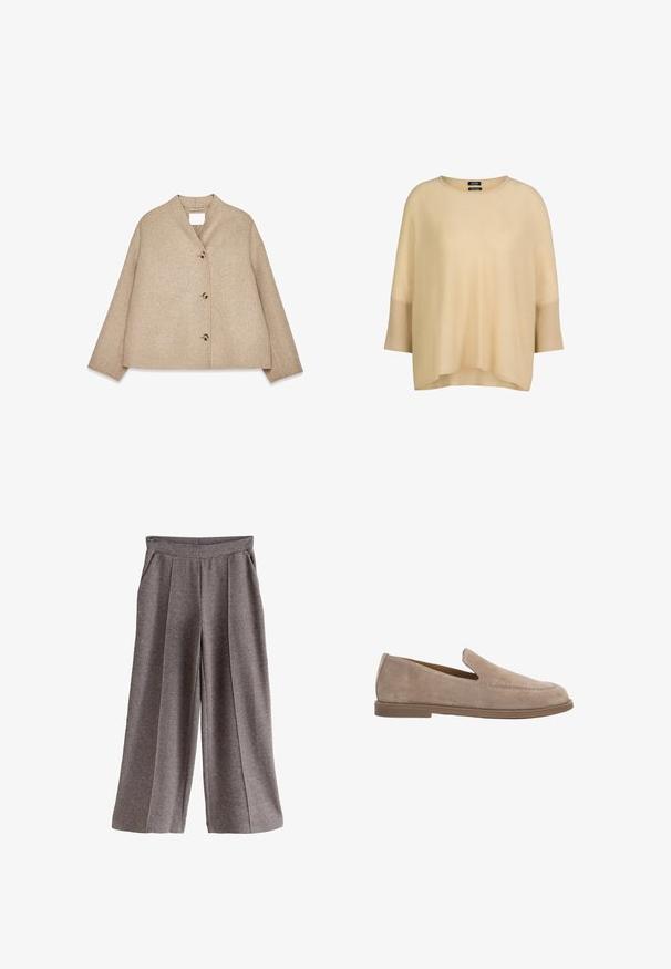 Beige wollen jas met een ontspannen pasvorm, een sjawl-kraag, vier zichtbare grote knopen en lange mouwen. Soepele textuur en minimalistisch ontwerp.; Beige gebreide trui met een losse pasvorm, ronde hals en brede halve mouwen met geribde boorden, getoond op een effen witte achtergrond.; Grijze broek met wijd uitlopende pijpen van een zachte stof, voorzien van een platte tailleband, voorplooien en zijzakken. Eenvoudig en veelzijdig ontwerp.; Beige suède instapper met lage platte bruine zool en mocassinnaaistijl detail op het bovenwerk.