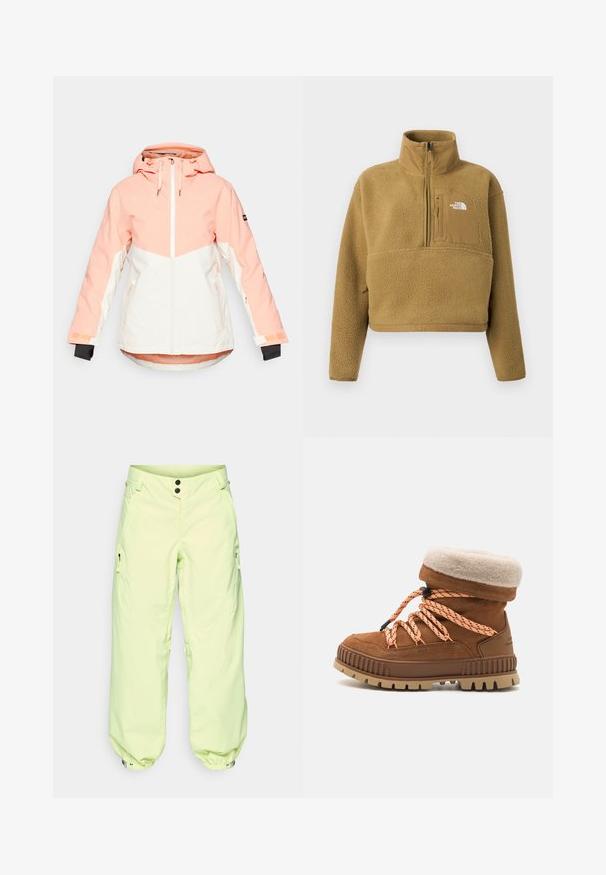 Dame vinterjakke i lys fersken og hvid, med hætte, lynlåslukning, justerbare manchetter og sidelommer. Glat, vandafvisende stof.; Tan fleece pullover med halv lynlås i kraven, frontlomme og elastisk kant; har en blød, struktureret overflade og en hvid logoaccent.; Lysgrønne skibukser med en afslappet pasform, der har to sidelommer med lynlås, justerbare manchetter og en to-knaps lukning i taljen.; Brune ruskindsstøvle med en beige faux fur krave, orange og sorte spidser og en robust tan sål. Har en polstret krave for komfort.