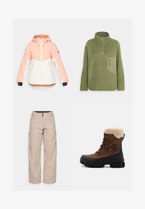 Dame vinterjakke i lys fersken og hvid, med hætte, lynlåslukning, justerbare manchetter og sidelommer. Glat, vandafvisende stof.; Olivengrøn fleece pullover med høj krave, tre knapper og en lynlåslomme på brystet. Blød tekstur med kontrastsyede detaljer.; Beige cargo bukser med en afslappet pasform, lavet af vandafvisende stof. Har to sidelommer, en lynlås i kanten og knaplukning.; Brun vandtæt støvle med kunstigt pelsfoer, metaløjer og en struktureret sort gummisål. Har snørebånd foran og sidestrapsdetalje.