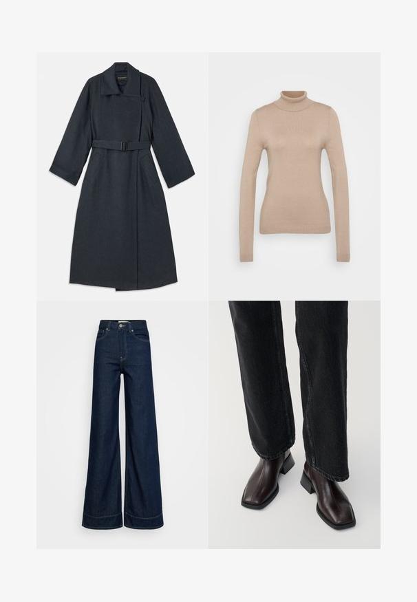 Mørkegrå frakke med høj krave, bælte i taljen, to sidelommer og brede ærmer. Lavet af tekstureret stof med et enkelt design.; Beige turtleneck sweater lavet af blødt strikket stof. Har lange ærmer, tætsiddende design og ribstrik ved hals og kant.; Mørkeblå høj talje brede bukser med forlommer, bæltestropper, knaplukning og synlige syninger på en hvid baggrund.; Brune læder ankelstøvler med firkantet tå og blokhæl, parret med sorte brede jeans. Glat tekstur og minimalistisk design.