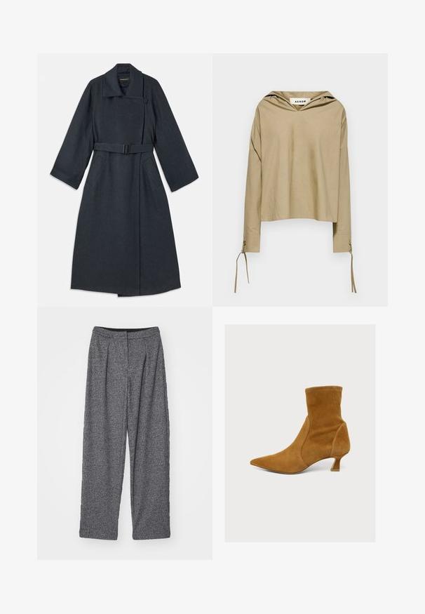 Mørkegrå frakke med høj krave, bælte i taljen, to sidelommer og brede ærmer. Lavet af tekstureret stof med et enkelt design.; Beige hættebluse med lange ærmer, der har V-udskæring og bindedetaljer ved ærmerne, lavet af letvægtsstof.; Grå rutede bukser med høj talje, bred benvidde og plissee. Fremstillet af strukturstof med et monokrom mønster.; Tan ruskind ankelstøvle med spids snude og lav kittenhæl på lysegrå baggrund.