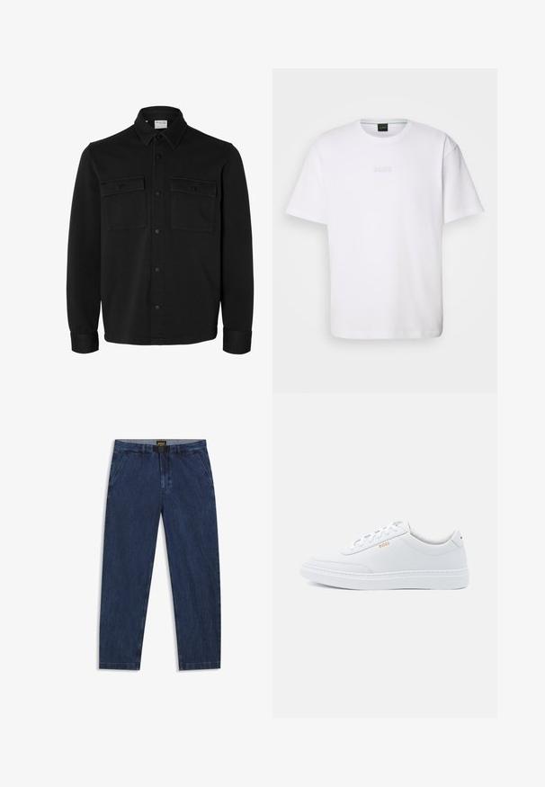 Sort langærmet skjortejakke med knapper, spids krave, to brystlommer med klapper og knapper samt knaphul på manchetterne.; Hvid bomulds T-shirt med korte ærmer, rund halsudskæring og præget "BOSS" logo på brystet. Glat tekstur, standard pasform.; Mørkeblå denimbukser med lige snit, forlommer og en grå talje. Har en BOSS-logo på indersiden.; Hvide lædersneakers med glat tekstur, rund tå og ton-i-ton syning. Har blå snørebånd og et gult logo på siden.